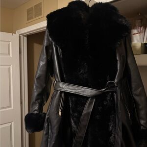 Women's Black Faux Fur Trim Leather Coat